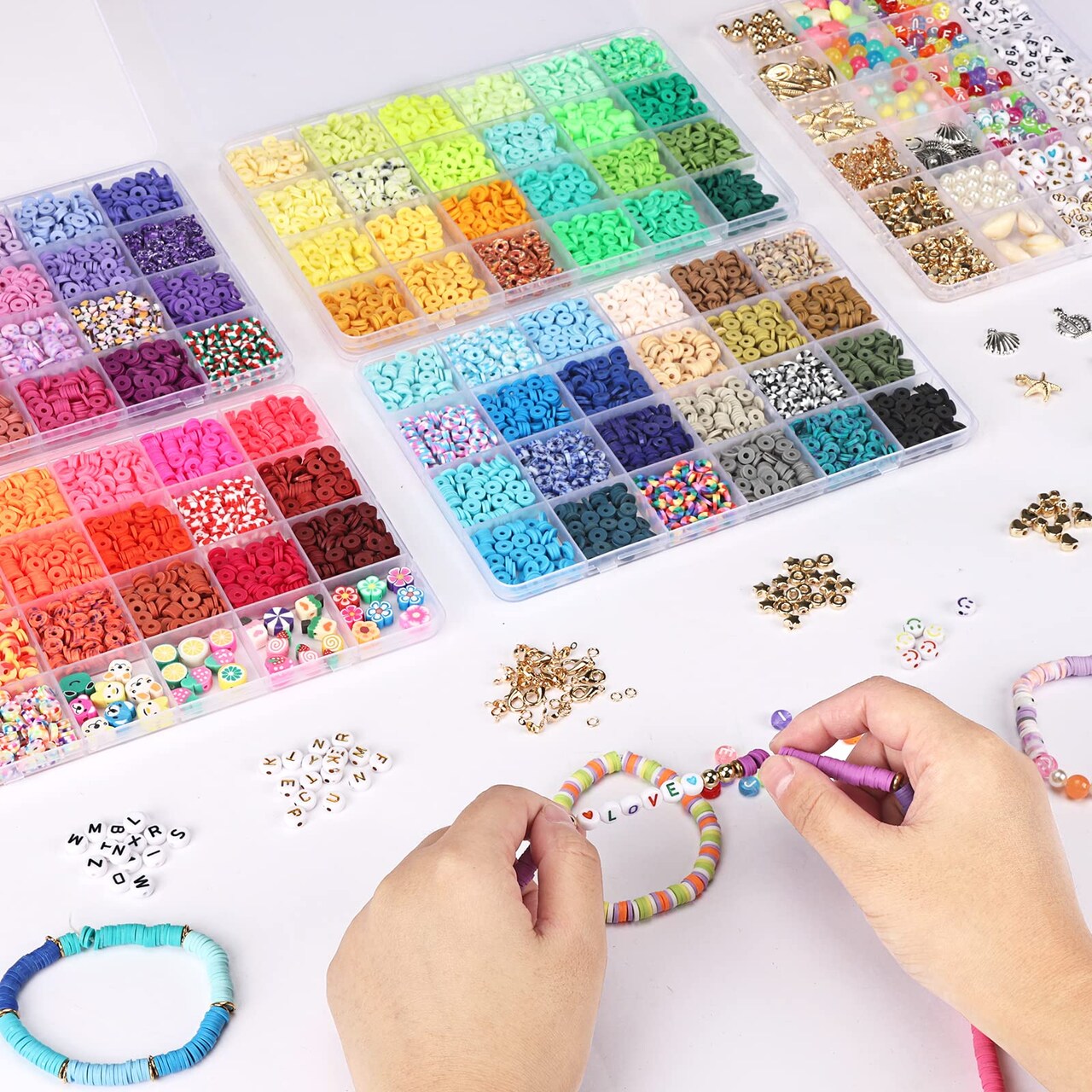9870 Pieces, Clay Beads for Bracelet Making Kit, 92 Colors Flat Heishi Beads for DIY Crafts Necklace Jewelry Making Gifts